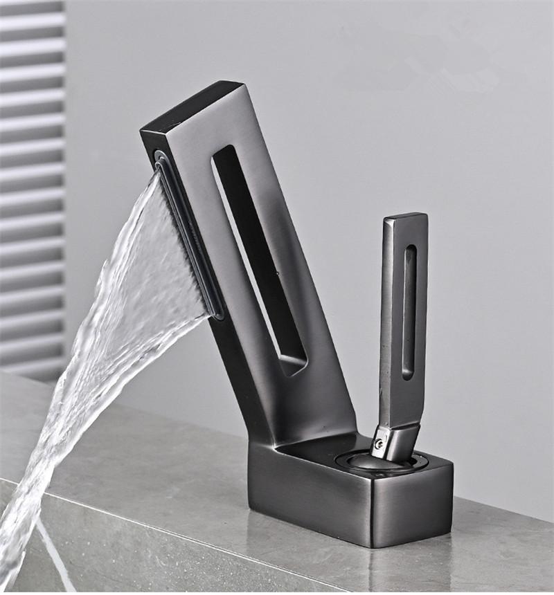 Tuqiu Bathroom Faucet Brass Gray Bathroom Basin Faucet Cold And Hot Waterfall Mixer Sink Tap Deck Mounted Black & Gold Tap