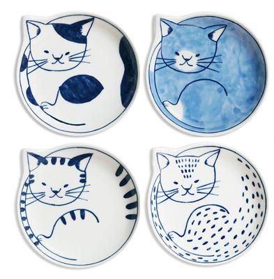 Japanese Hasami Ware Cat Design Small Plate Set (12cm, Set of 4) Ishimaru Pottery Coneco Made In Japan