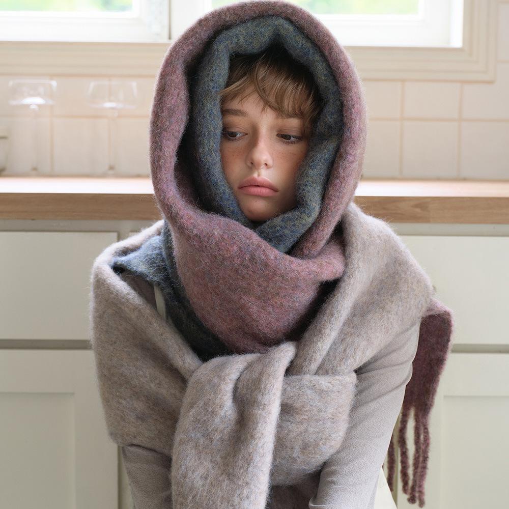 Colorful Silk Floral Mixed Color Scarf for Women in Winter Thickened Korean Style Soft and Waxy Solid Color Scarf