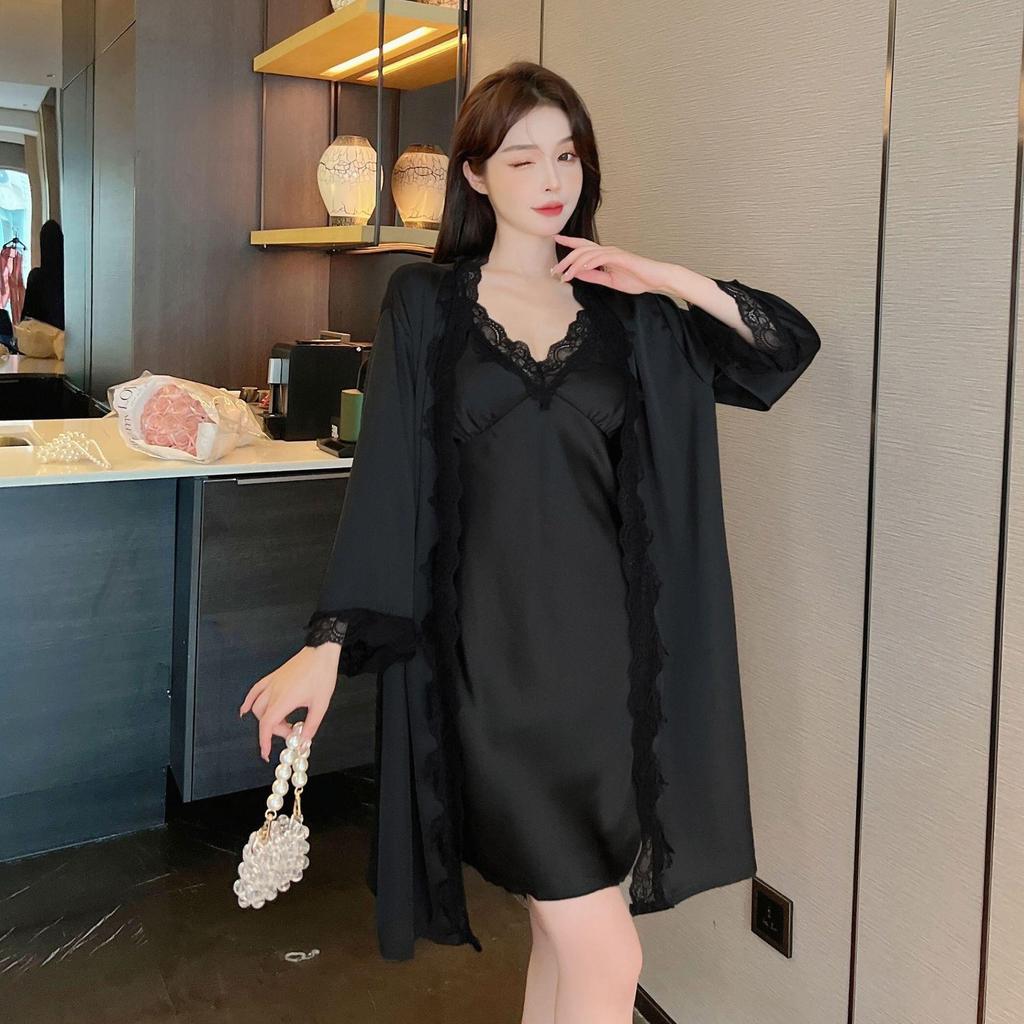 Sexy pajamas women's ice silk thin style with chest pad, lace back suspender nightdress, two-piece set of loungewear can be worn outside