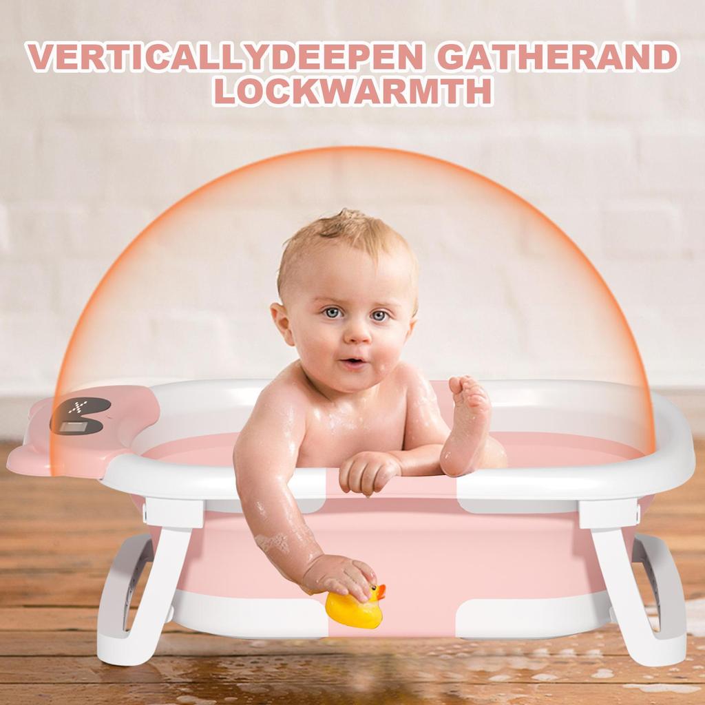 Foldable Baby Bathtub for Infants To Toddler, Portable Travel Bathtub with Thermometer & Bath Cushion & Bath Cap, Baby Bathtub for Newborn 0-36 Month