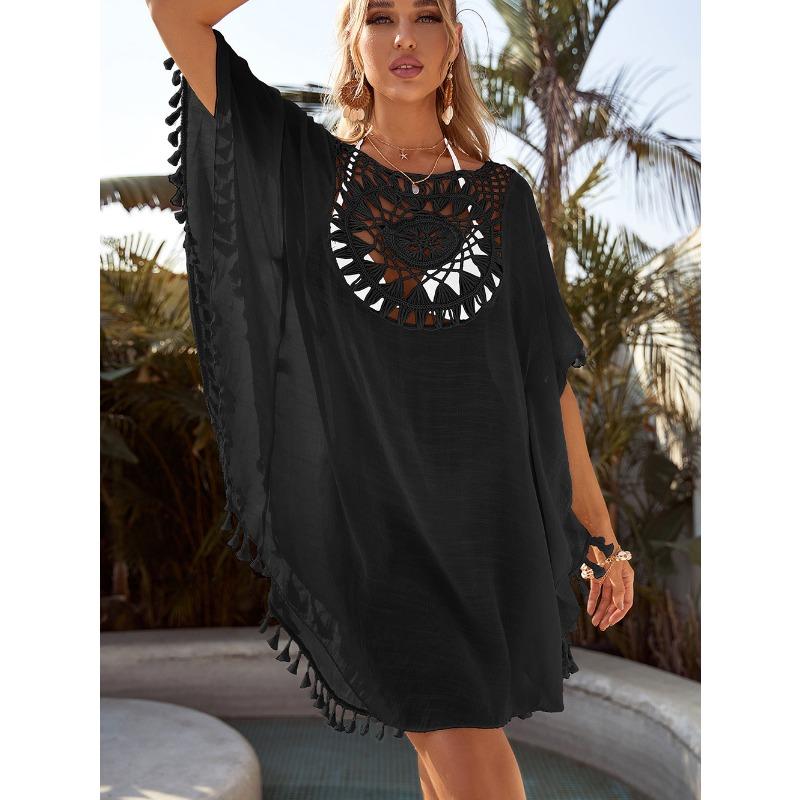 New Fashion Lace Beach Dress Sexy Women Irregular Cover Up Hollow Loose Seaside Dress Large Size Tassel Bikini Style Casual Summer Solid Clothing
