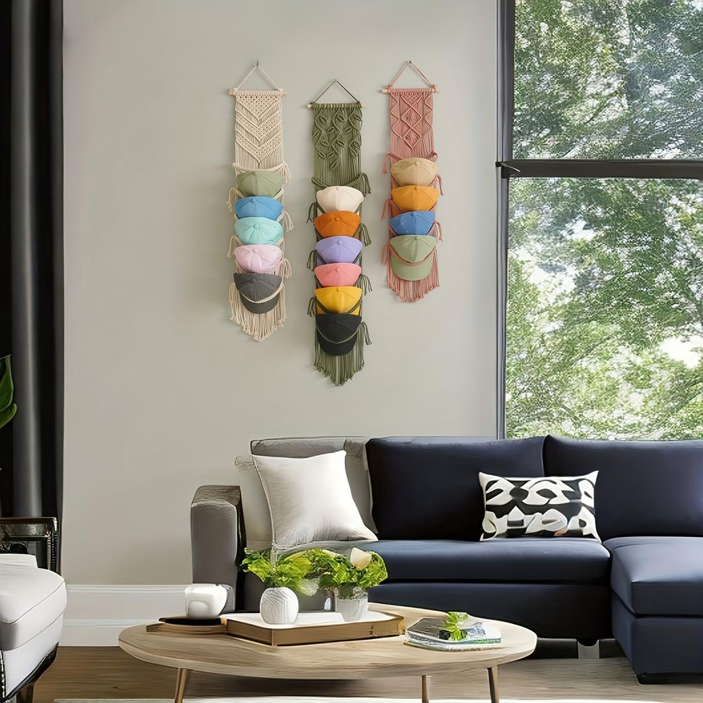 Bohemian Macrame Wall Hanging Tapestry with Hat Display Rack - Hand-Woven Colorful Tassel Cap Storage Suitable for Hats Not Included Wall-Mounted