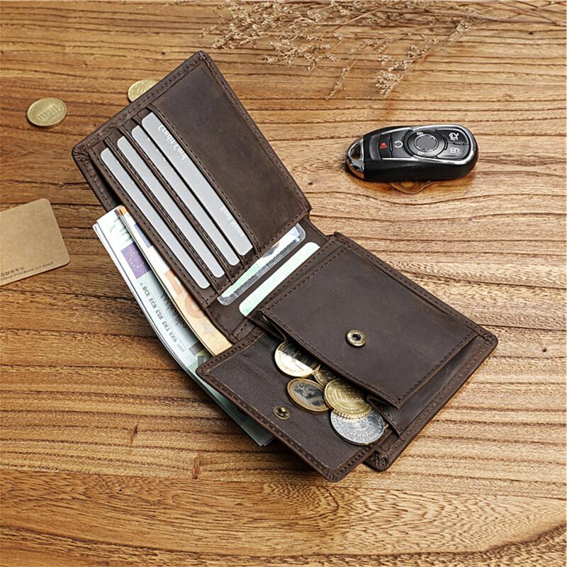Cartera para Hombre de Cuero Crazy Horse con Bolsillo para Monedas y Tarjetero Cuero Genuino Vacuno Hombre Monedero