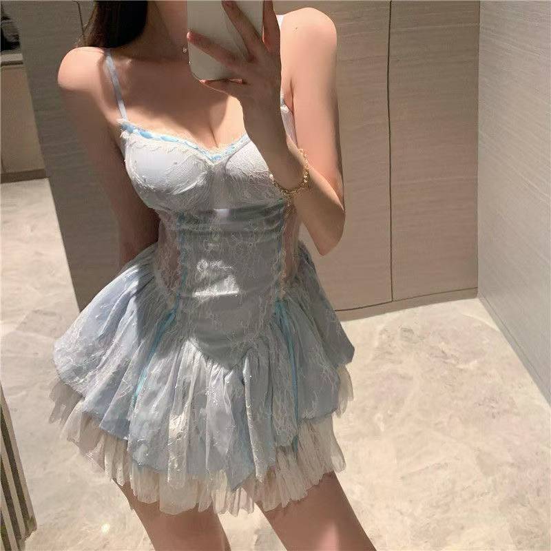 Sexy Suspender Dress Elegant Women'S Sweet Pure Desire Lace Hollow Out Slimming Fluffy Dress Blue Sweet Mini Dress Tops Tqe8