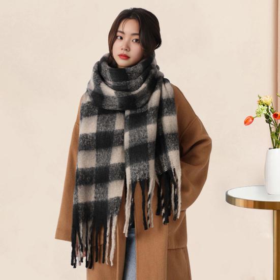Women Plaid Scarf Chunky Oversized Winter Shawl Tassel Wrap Retro Literary Style Warm Wide Scarf for Ladies Gifts