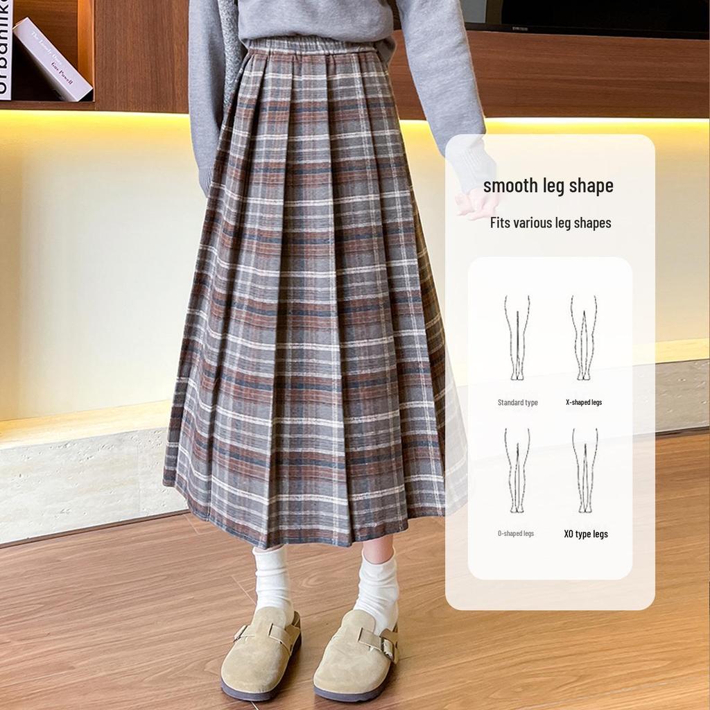 Women's High-Waist A-Line Woolen Plaid Skirt - Mid-Length, Pleated, Slimming, Elastic Waist