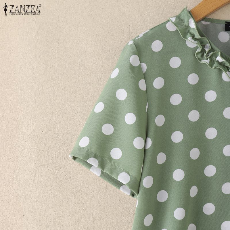 ZANZEA Women Casual Round Neck Polka Dot Print Short Sleeve Blouse