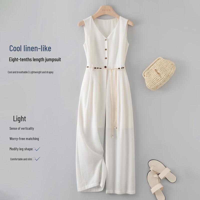 IHIMI Linen-Look Sleeveless Wide-Leg Jumpsuit M грязно-белый