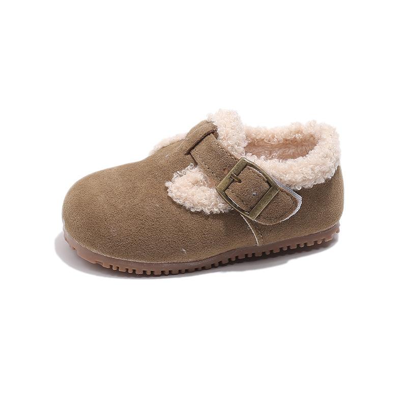 Kids Fleece Lined Buckle Strap Casual Winter Flat Shoes 21 хаки