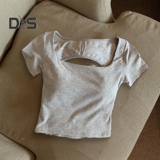 Damen T-Shirt mit quadratischem Kragen, kurzärmelig, mit Hohlkreuz, einfarbig, schmale Passform, kurze Oberteile für den Alltag