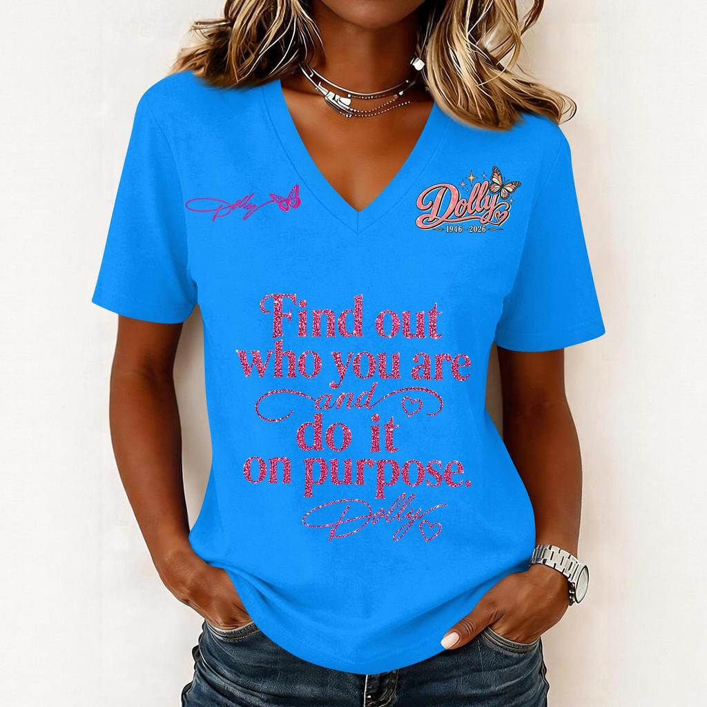 Women's Fashion Casual Letter Print V-Neck Short Sleeve Pullover Top