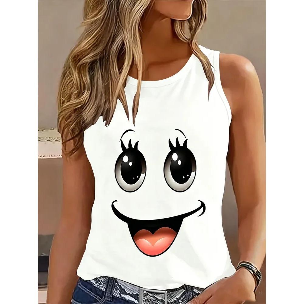 Women's Round Neck Fun Print Sleeveless Vest Summer Fashionable Comfortable Loose  Versatile Sports Leisure Vest