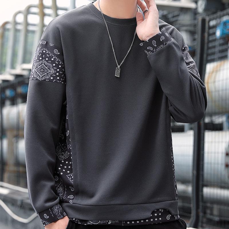 Waffle Fake Two-piece Men's Sweater Crew Neck Spring and Autumn Trendy Brand Cashew Flower Long Sleeve Design Sense Niche Clothes