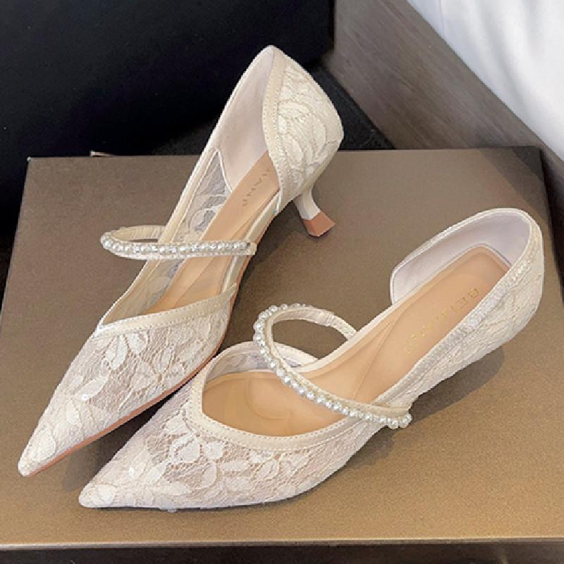 

Luxury Lace Pearl Women Sandals High Quality Pointy Toe Thin Heel Narrow Band Slide Sandals Fashion Comfortable Party Dress Shoe 35