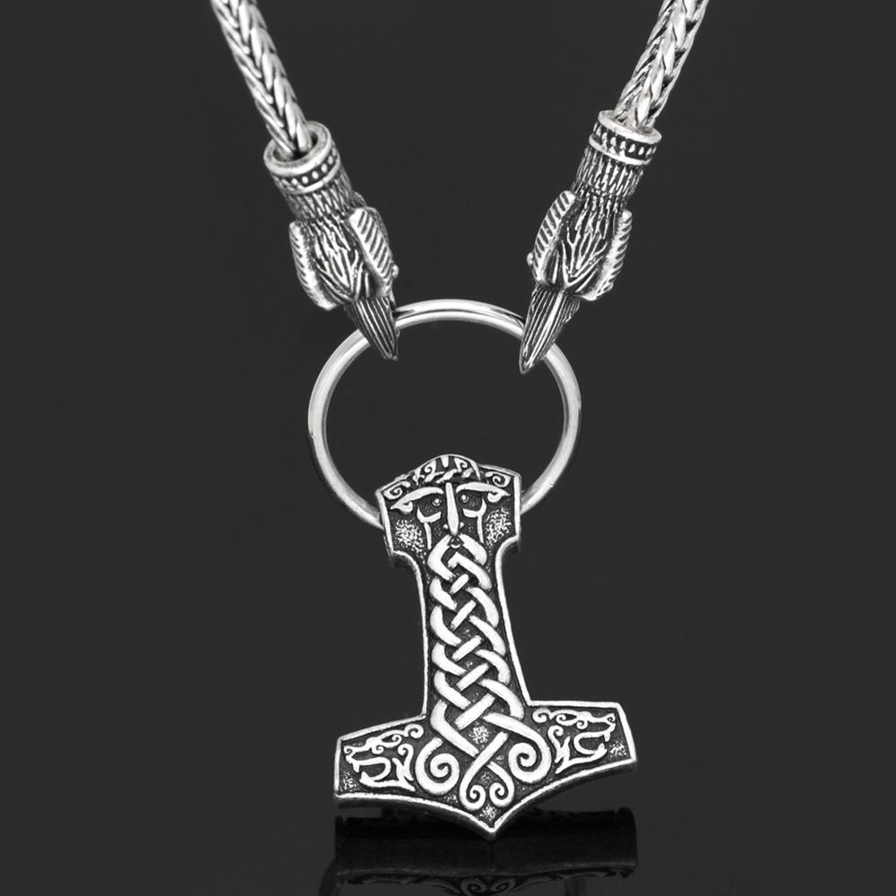 Norse Viking Raven Pendant Cord Odin's Ravens Of Thor's Hammer Amulet Axe Crow Chain Necklaces Men Ethnic Jewelry Drop Shipping