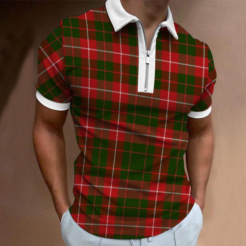 Trendy Zip-up Short Sleeve Polo, Stylish Checkered Design for Casual Wear.