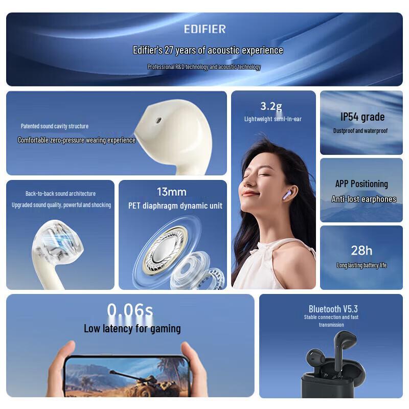 EDIFIER Zero Air True Wireless Half-In-Ear Bluetooth Earbuds