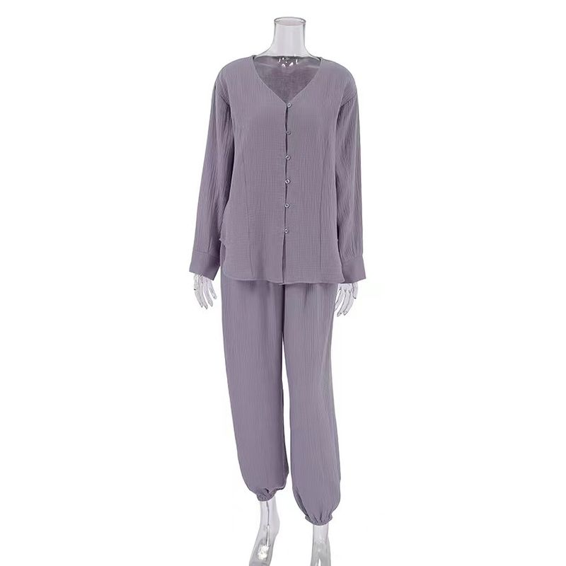 

Fashion Style New Arrival Casual Loose Top Two-Piece Pants Homewear V-neck Top Pants Suit Purple S