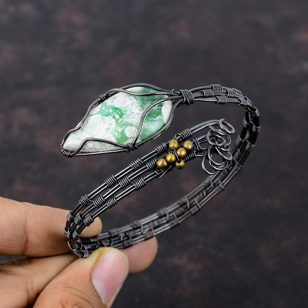 Variscite Bangle Copper Wire Wrapped Gemstone Cuff Bracelet Handmade Variscite Jewelry For Gift Adjustable Bangle Copper Wire Wrap Jewelry