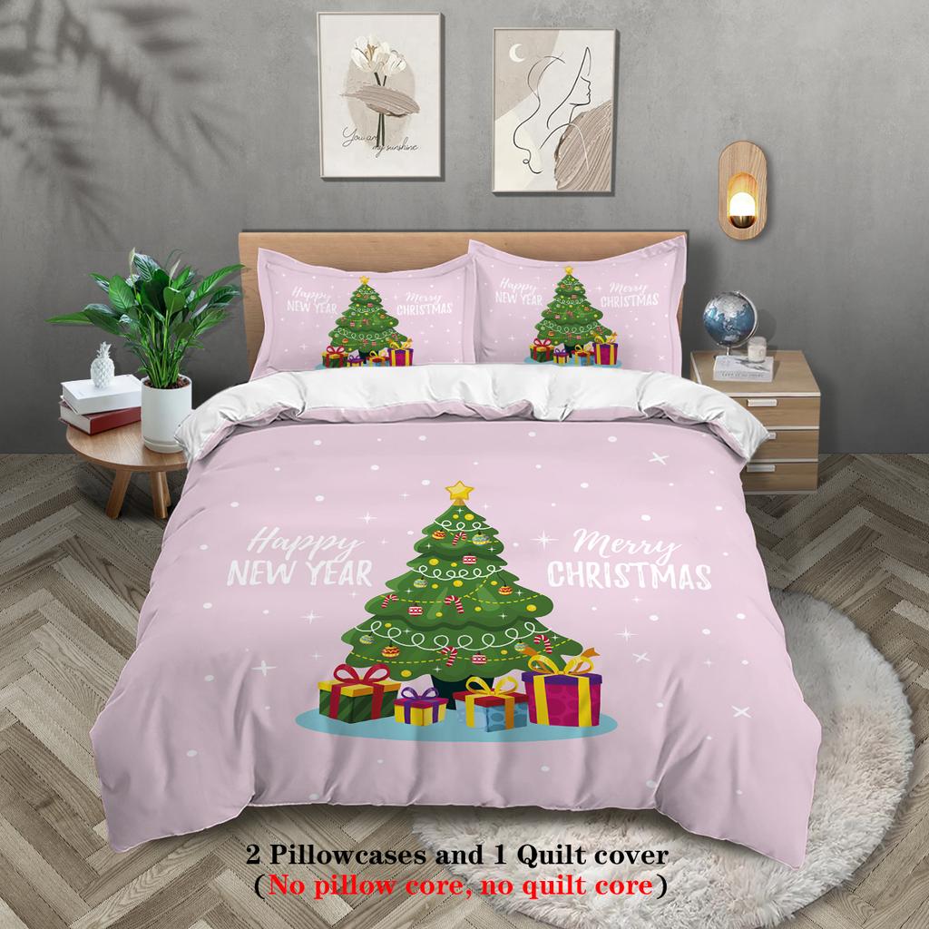3-piece Christmas themed pink Christmas tree print (1 duvet cover+2 pillowcases, no core) comfortable bedding set