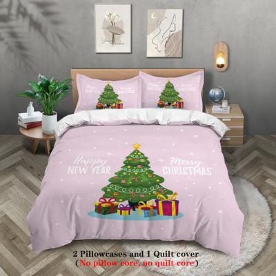 3-piece Christmas Themed Pink Christmas Tree Print (1 Duvet Cover+2 Pillowcases, No Core) Comfortable Bedding Set