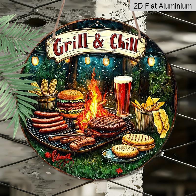 2D Flat, 1pc Vintage Grill & Chill BBQ Metal Aluminum Wall Sign - Round Art for Indoor/Outdoor Decor, Perfect for Rustic Home, Cafe, Bar, Garage