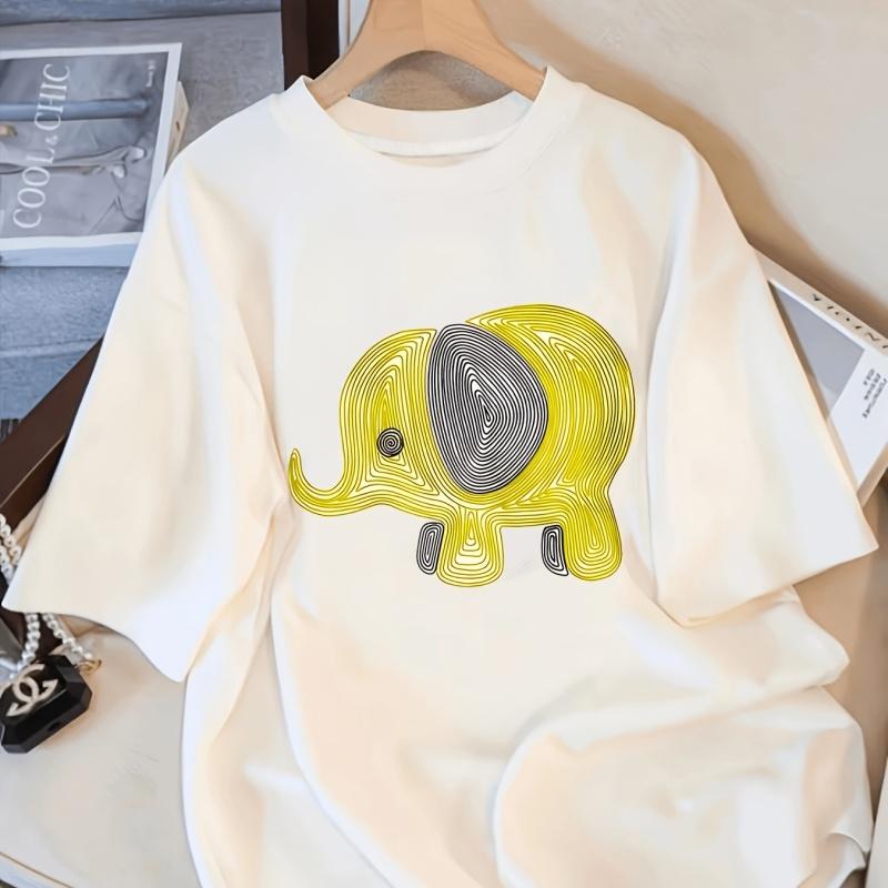 Cute Elephant Line Art T-Shirt Women Men Summer Loose Fit Graphic Tee Harajuku Kawaii Streetwear Top