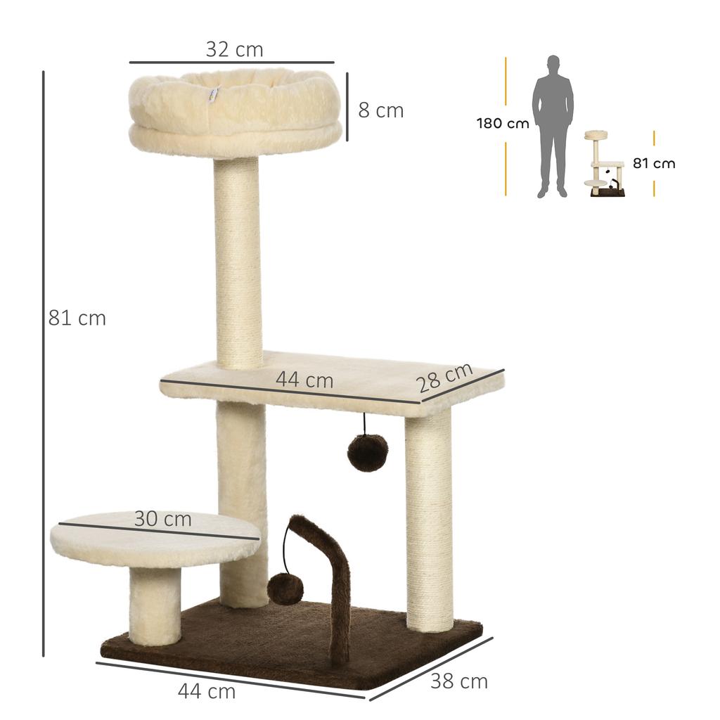 Cat Scratching Tree with Sisal Post, Perch and Play Balls, in Particleboard and Plush, 44x38x81 cm