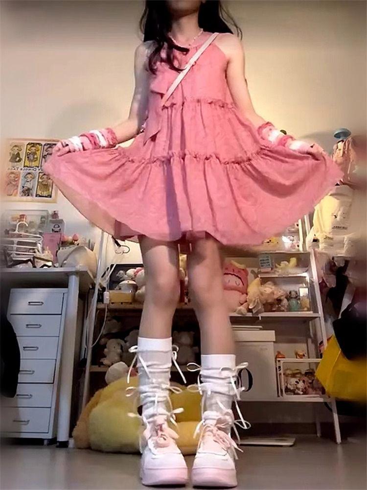 Damska Letnia Sukienka Mini Halter z Kokardą - Nowa Nisza, Mały Rozmiar, Luźny Krój, Bez Rękawów