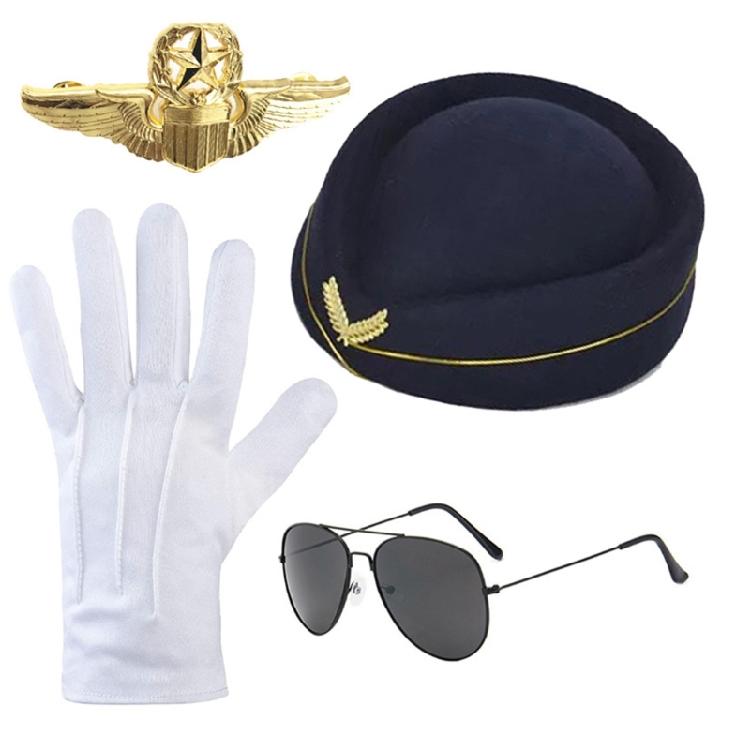 Adult Stewardess Hat+Sunglasses+Brooch Woman Sunproof Flight Attendant Hat Set