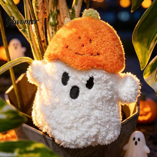 Portable Small Plush Companion Halloween Pumpkin Ghost Pillow, Cute Soft Stuffed Animal Sofa Cushion Orange And White for Living Room, Spooky Huggable