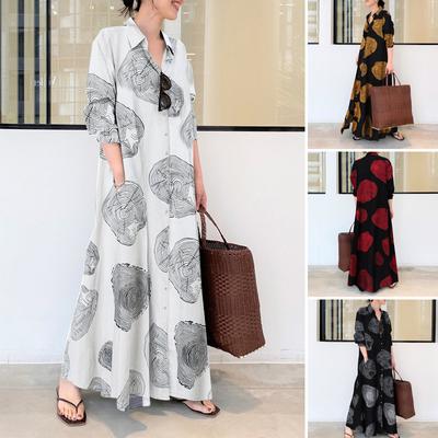 Women's Spring Summer Plus Size Cotton Linen Maxi Shirt Dress Long Sleeve Print Button Down Loose Casual Dress with Pockets