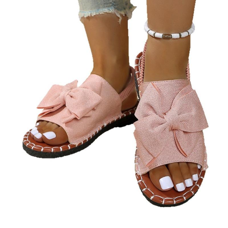 Summer new flat-bottomed bow one-word sandals women wear solid color lightweight cloth sandals