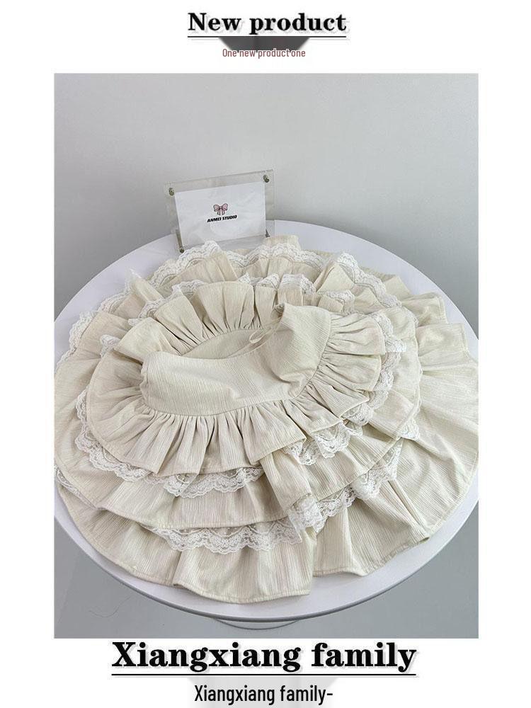 Aprikosenfarbener A-Linien-Midirock mit hoher Taille, Spitzen-Patchwork und bauschigen Lagen