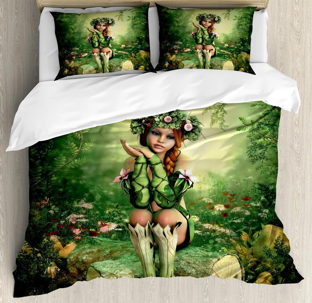 Fantasy Märchen Weiche Bettbezug-Set, Mädchen Flügel plus Schmetterlinge Kleiner Kobold Elf Wald Bettwäsche Set Wodlplus Warmer Deckenbezug Königin