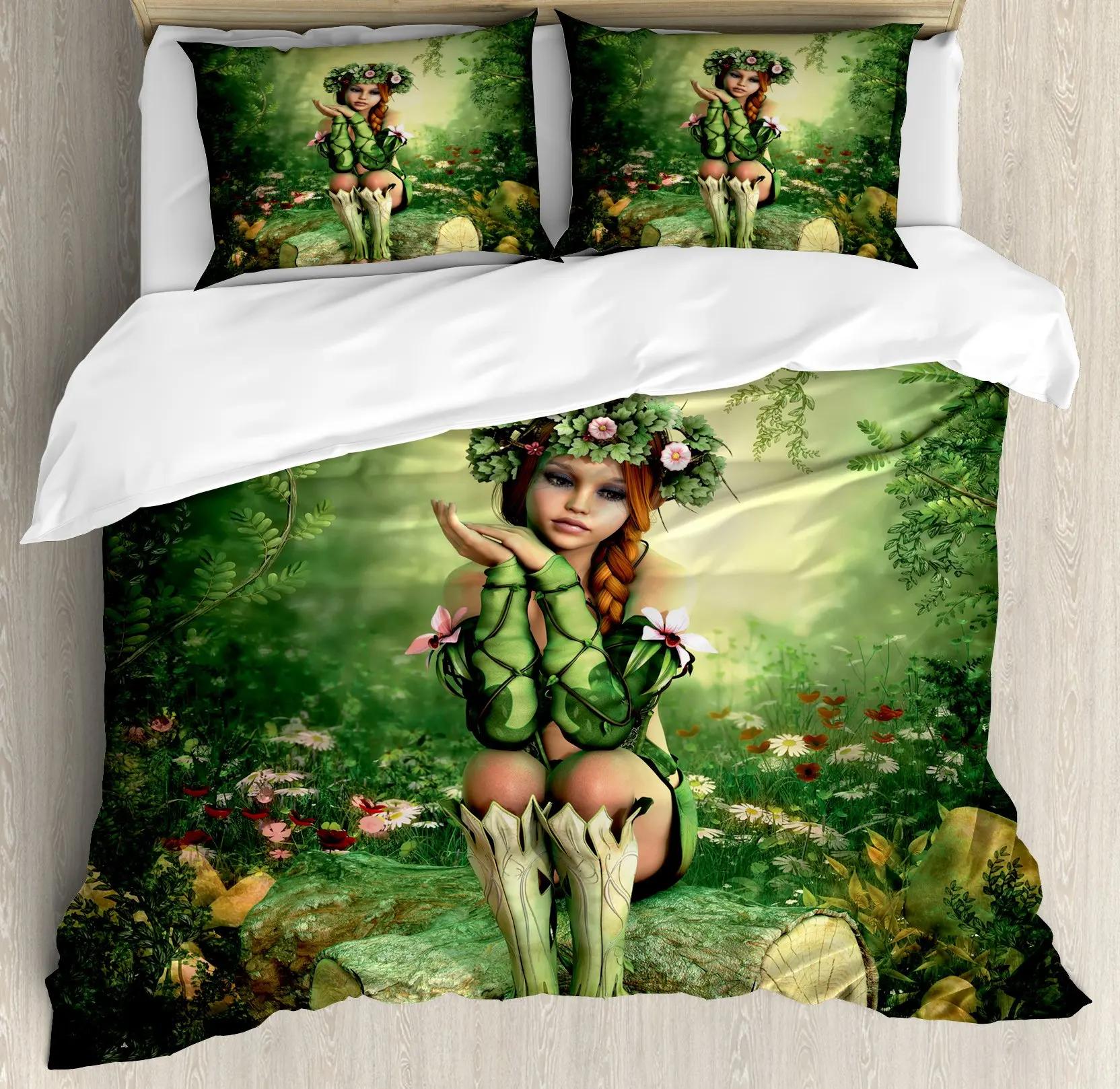 

Comforter Fantasy Fairy Tale Girl Wings And Butterflies Little Pixie Elf Forest Bedding Set Woodland Comforter Queen Comforter (quilt)-EU Single(135*200cm)3pcs
