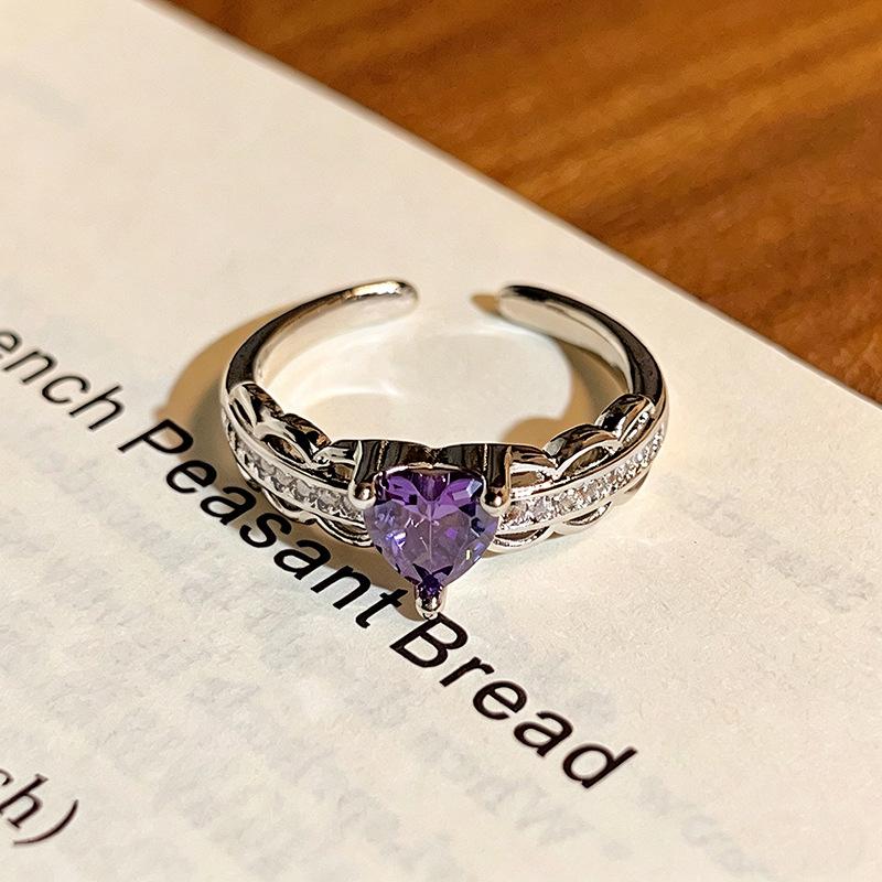 Niche Personality High‑Grade Open Ring Dark Sweet‑Cool Purple Zircon Thorns Heart Spice‑Girl Adjustable Stack‑Wear Index Finger Jewelry