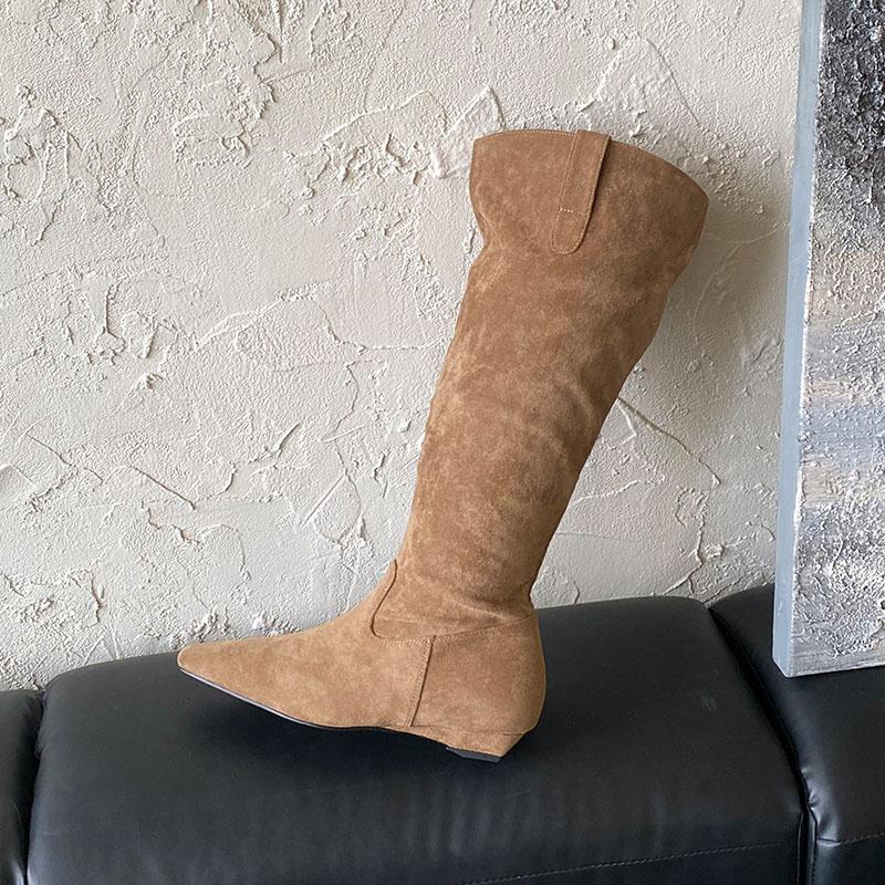 Fashion Fashion Flock Women Knee High Boots Heels Shoes With Height Increasing Ladies Long Modern Boots Female Slip On Shoes
