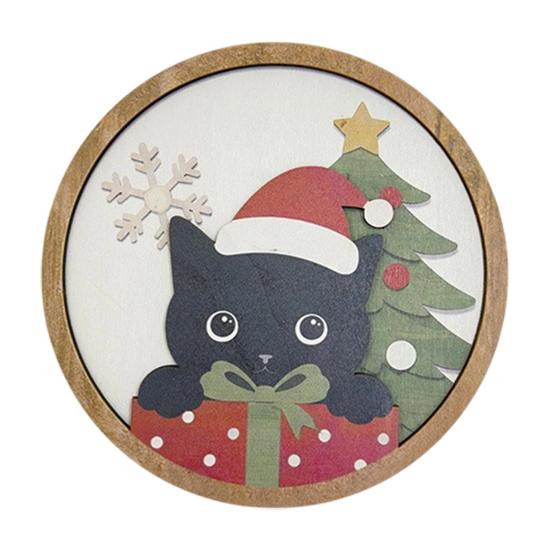 Living Room Decor Christmas Black Cat Wall Decor, Layered Wooden Hanging Sign, Round 2D Art Flat Decoration for Bedroom And Hall Porch Holiday