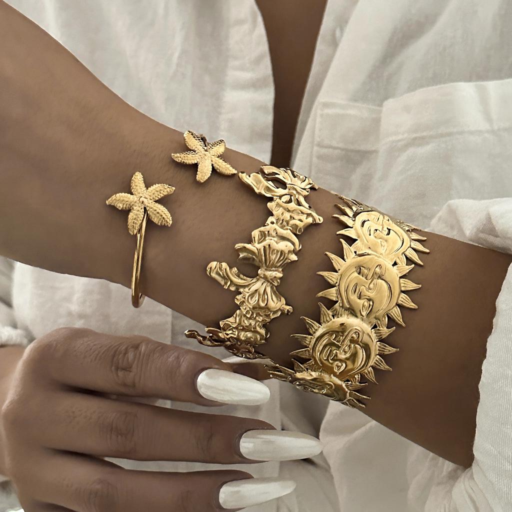 Stainless Steel Exaggerated Wide Cuff Bangle for Women Gold Color Flower Butterfly Leaves Sun Geometric Bracelet Party Jewelry