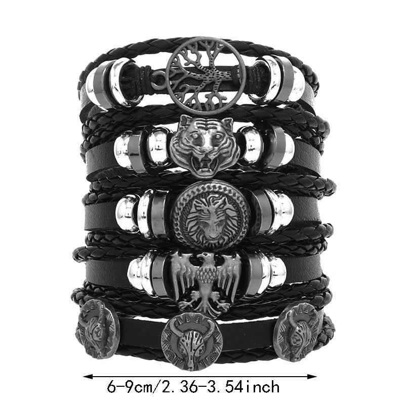 Men's Punk Skull Leather Bracelet Set Multi-Layer Gothic Rock Chain Bracelets Pentagram Charm Hip Hop Streetwear Badge Jewelry Accessories for Him