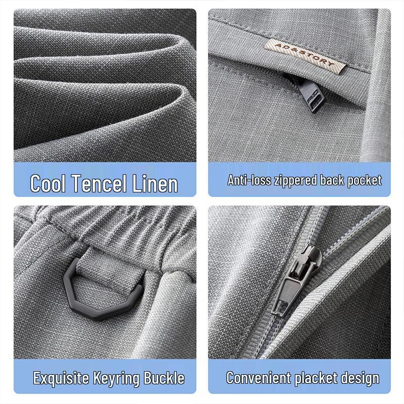 Luozhi Men's Tencel Linen Straight Wide-Leg Casual Business Trousers