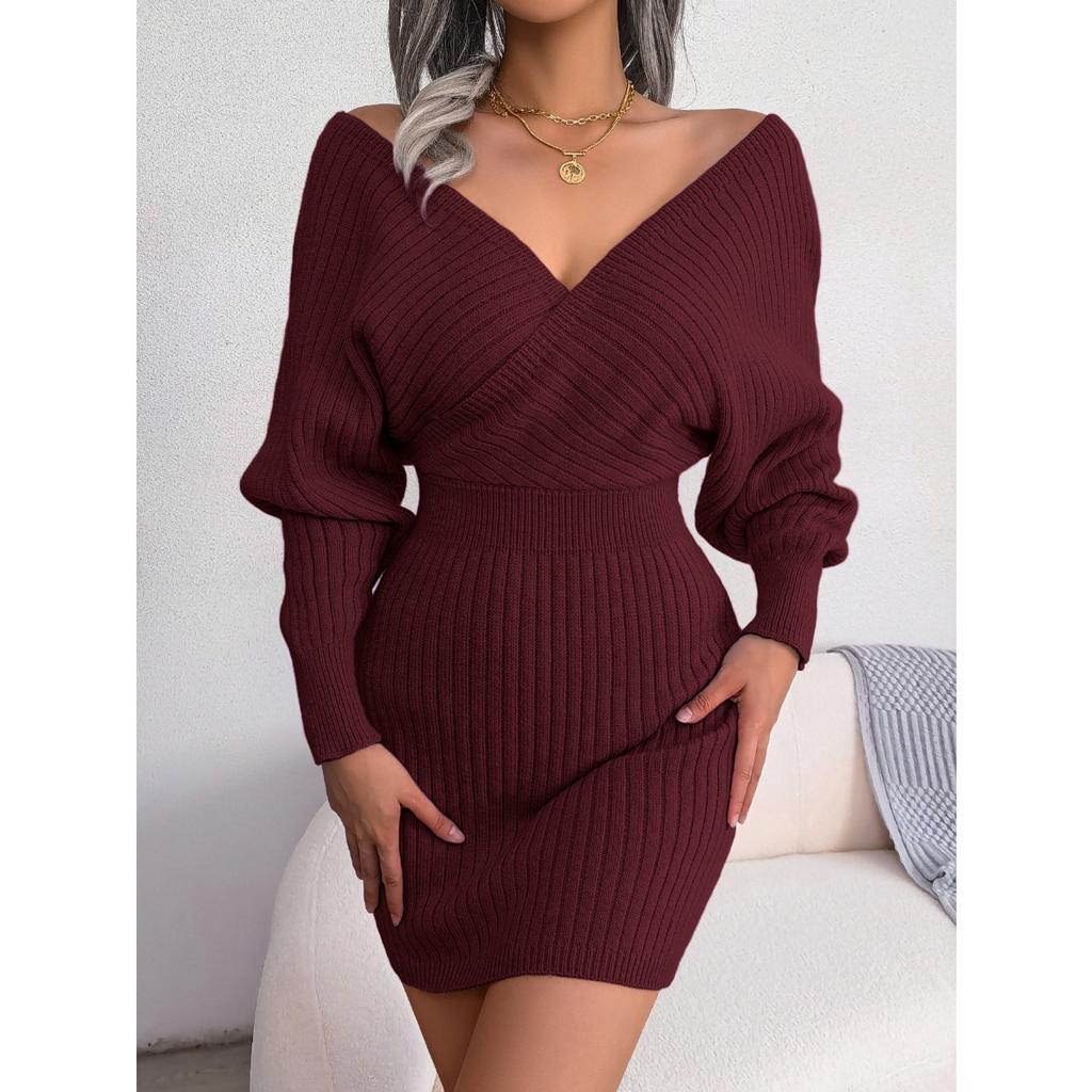 Autumn and Winter, Sexy Cross V-neck, Bat Sleeves, Hip Hugging Skirt, Dress, Woolen Dress, Women's Clothing