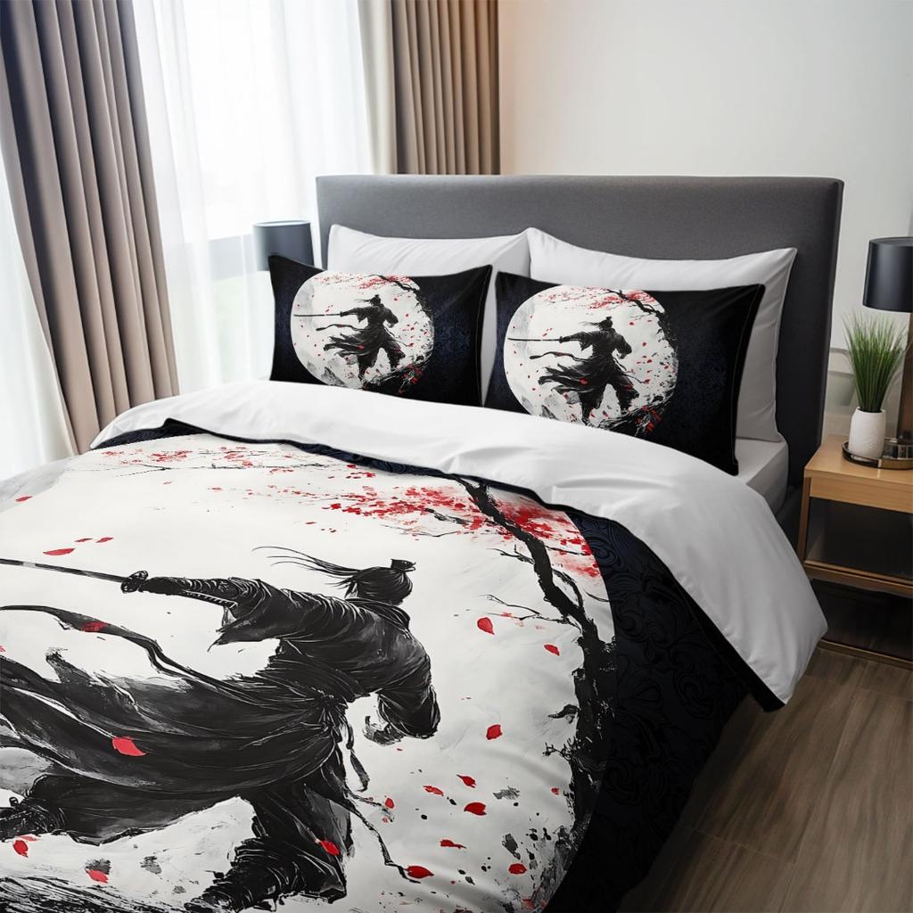 3pcs Japanese Samurai under Moon 3D Printed Bedding Set Cozy Duvet Cover King Queen Twin Size Birthday Gift Bedroom Decoration