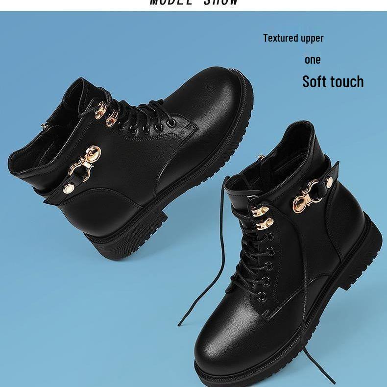 Жіночі черевики-мартінси з м'якої шкіри та бавовни - Новий 2025 корейський стиль, на плюші, захист від холоду, ідеальні для весни, осені та зими.