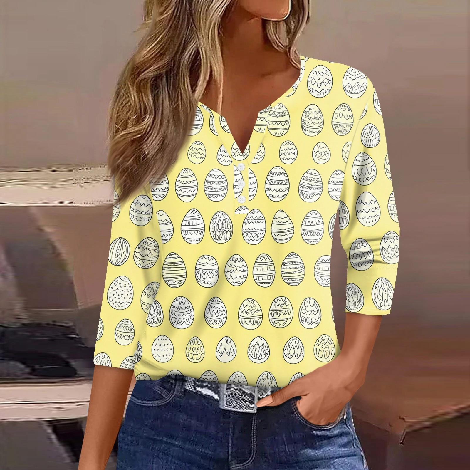 

Women s T Shirt Print Button 3/4 Sleeve Daily Weekend Fashion Basic V- Neck Regular Top XL жовтий