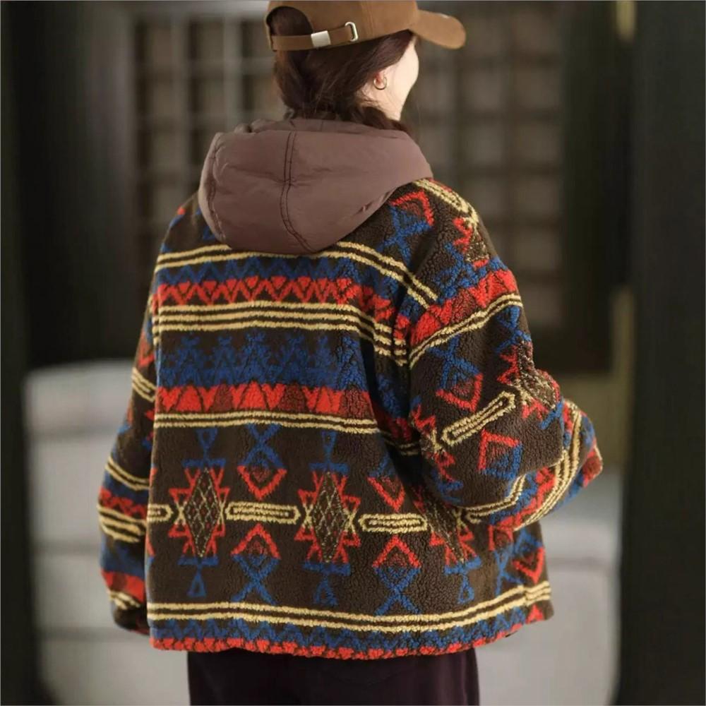 Johnature Women Vintage Hooded Print Floral Zipper Warm Winter Coats Chinese Style Long Sleeve Female Coats