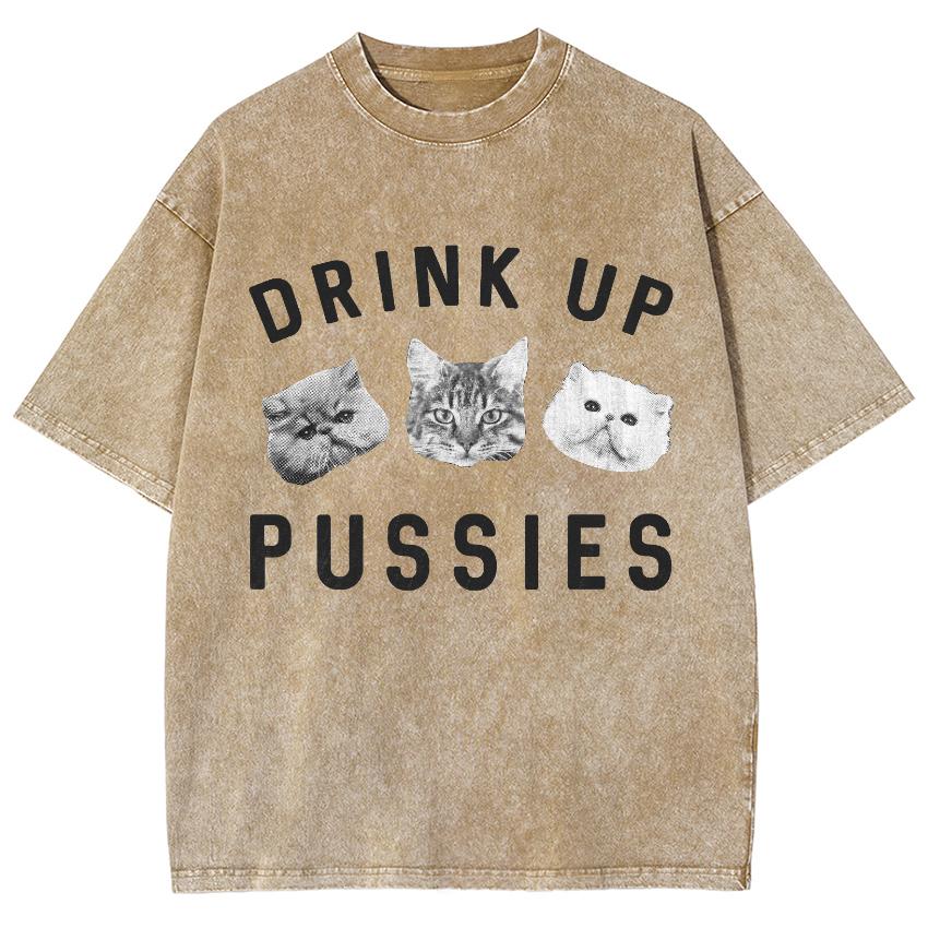 Cat Letter Print Unisex T-Shirt Washed Denim Fabric Soft Oversized Short Sleeve Vintage Ladies Top Today Wear Men