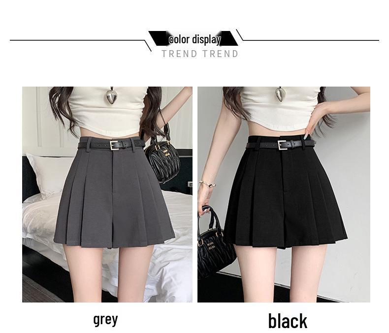 Women's Summer 2024 Gray Pleated High-Waist A-Line Skirt Shorts - Slim, Loose Fit